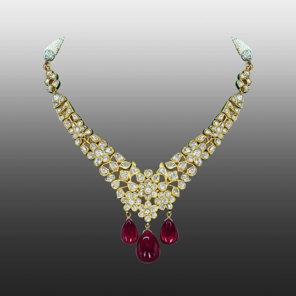 Polki Necklace with Cascading Rubylite Drops